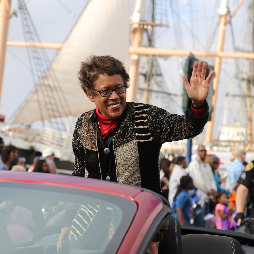 Chancellor Constance Carroll waves at the 2016 Marting Luther King Jr. parade