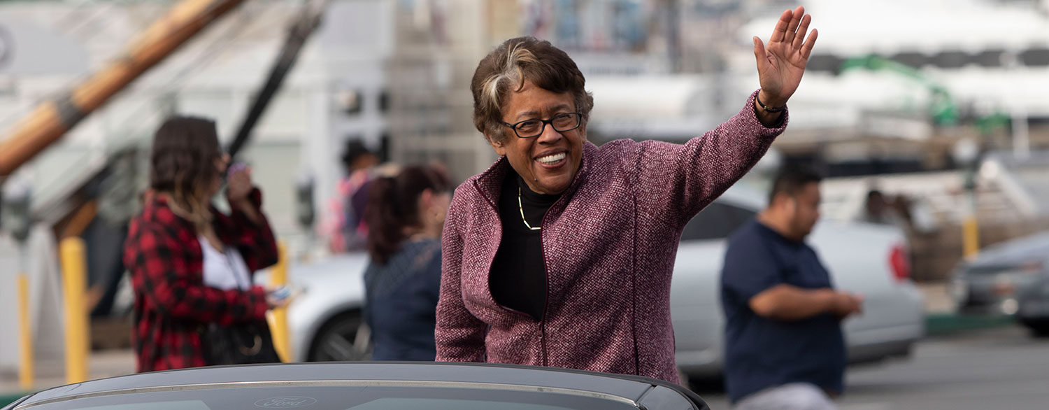 Chancellor Constance M. Carroll waves to the crowd at the 2020 MLK Parade.