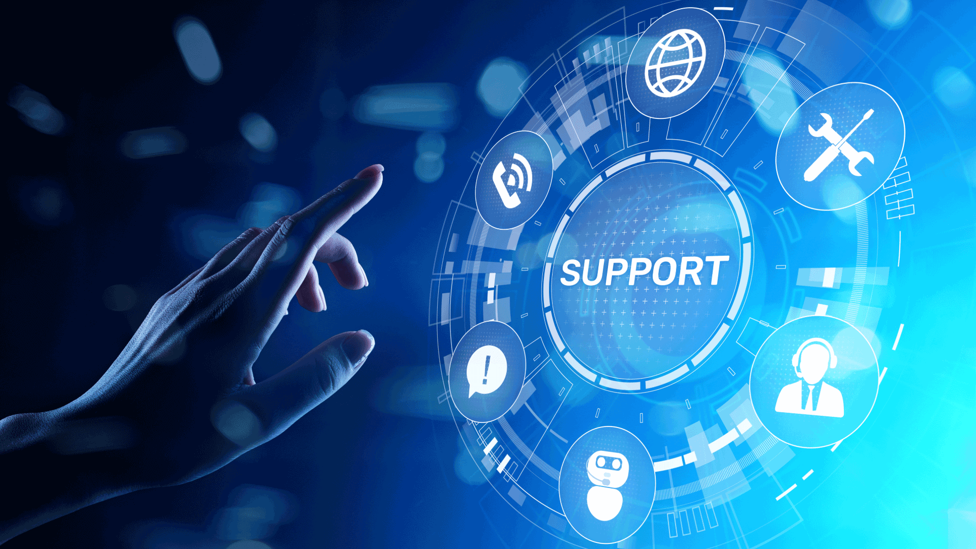 A blue hologram shows a circle for Tech Support and a hand is reaching toward the circle to make a selection.