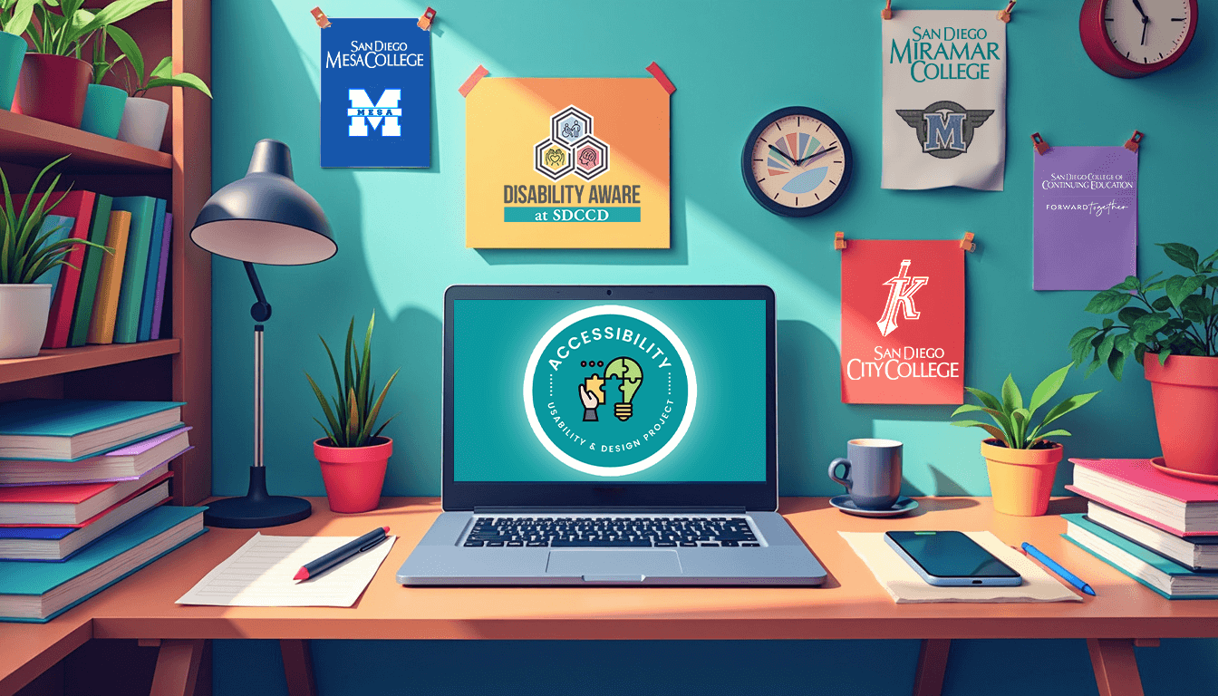 Colorful office scene with a laptop on a wooden desk. The laptop screen displays a logo with the words "Accessibility Usability & Design Project".
On the wall behind the desk, there are posters for the SDCCD colleges.