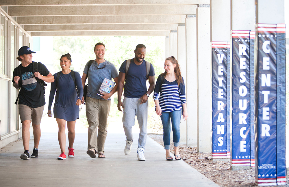 Five student veterans walking at San Diego Mesa College’s Veterans Resource Center. 