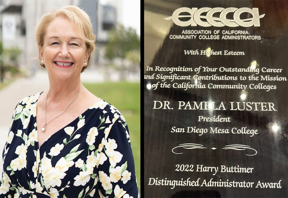 Side by side portrait On the left Dr. Luster in a black and white floral print dress On the right a photo of the Buttimer award.
