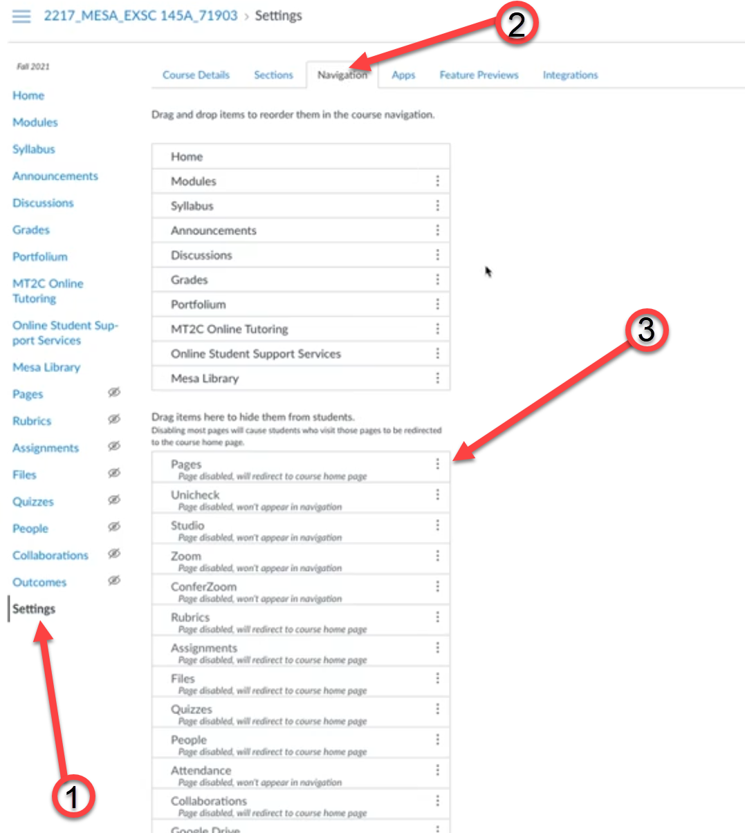 Screenshot of Canvas Course Settings on how to enable Pages. 