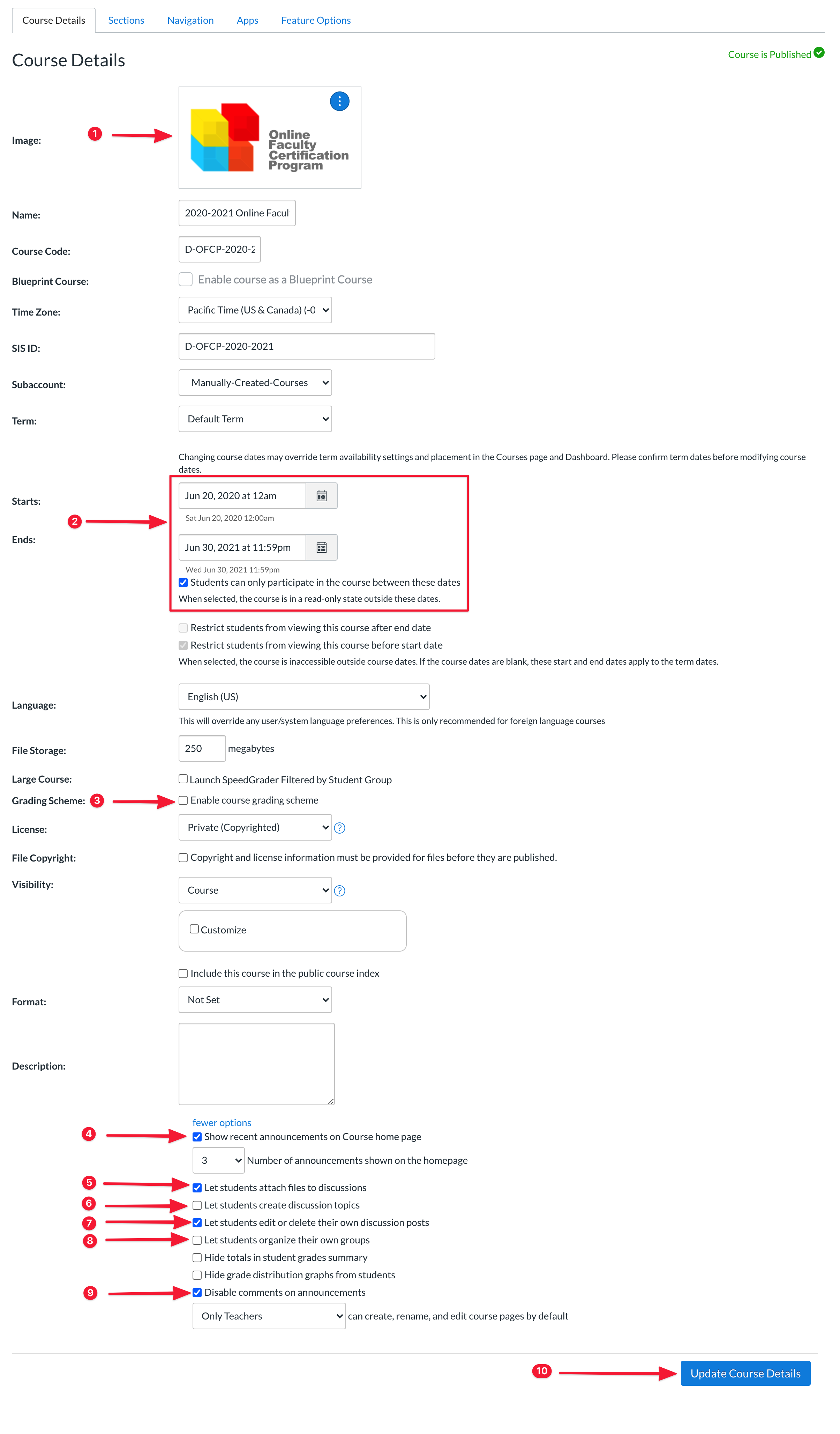 Screenshot showing how to view Canvas Course details. 