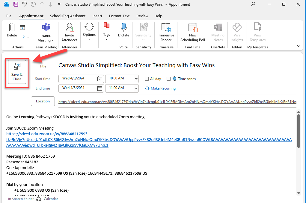 A screenshot of the workshop event being added to your Outlook calendar