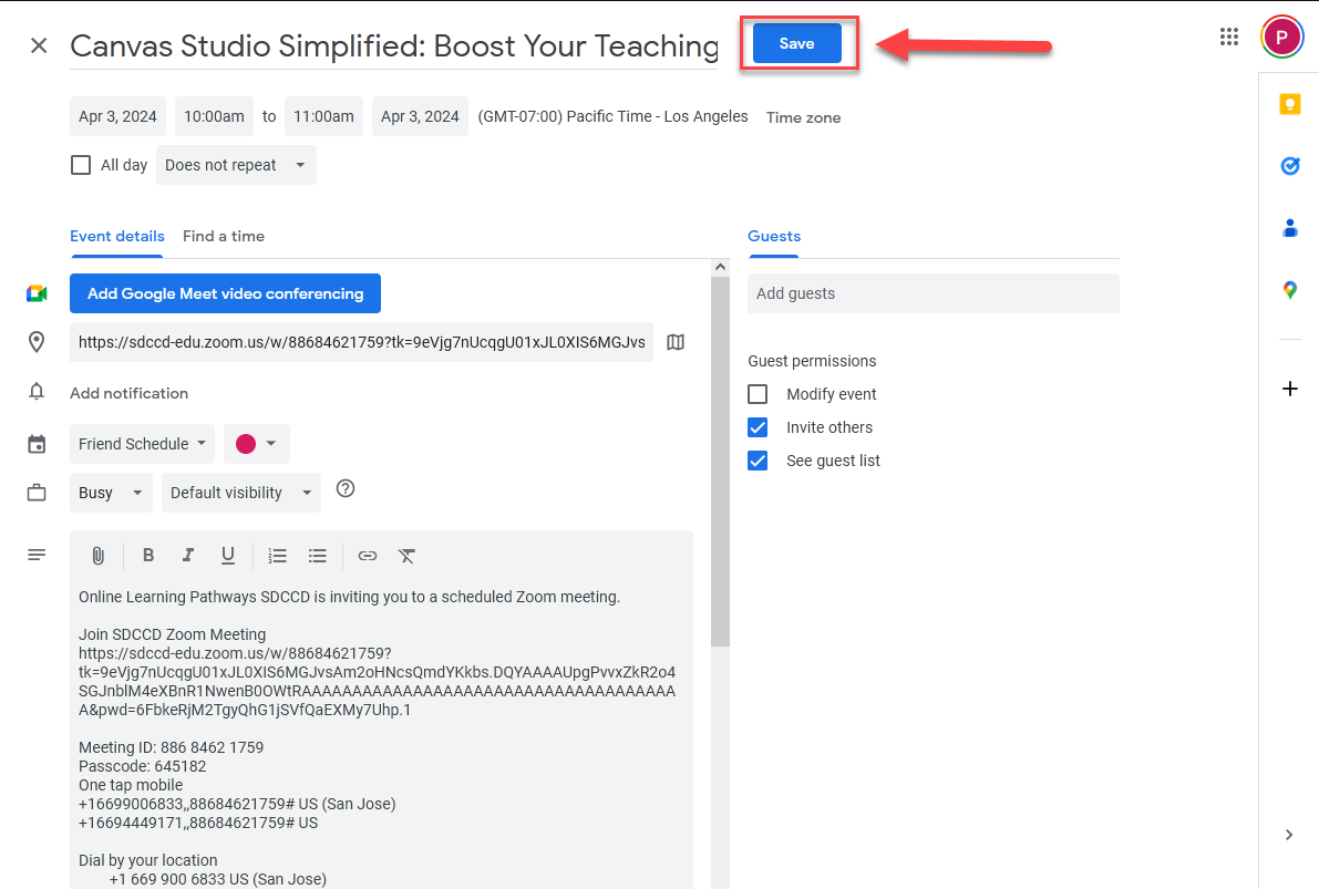 A screenshot of the Google Calendar event being added.