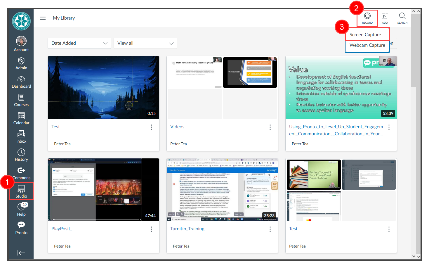 A screenshot of the Canvas Studio Dashboard with annotations pointing to the steps needed to start a video recording