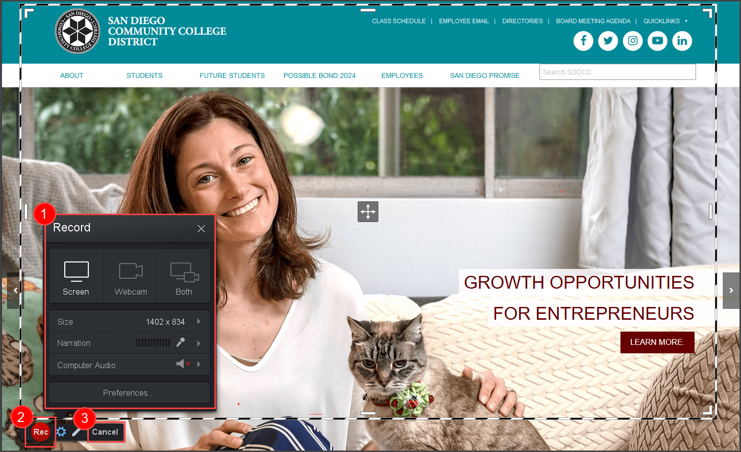 A screenshot of the Canvas Studio recording tool features