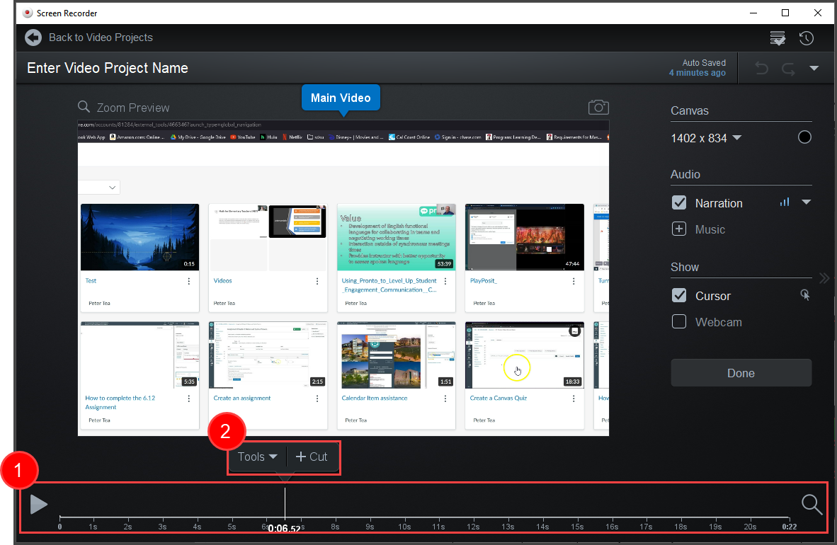 Screenshot of the recording software editing tools