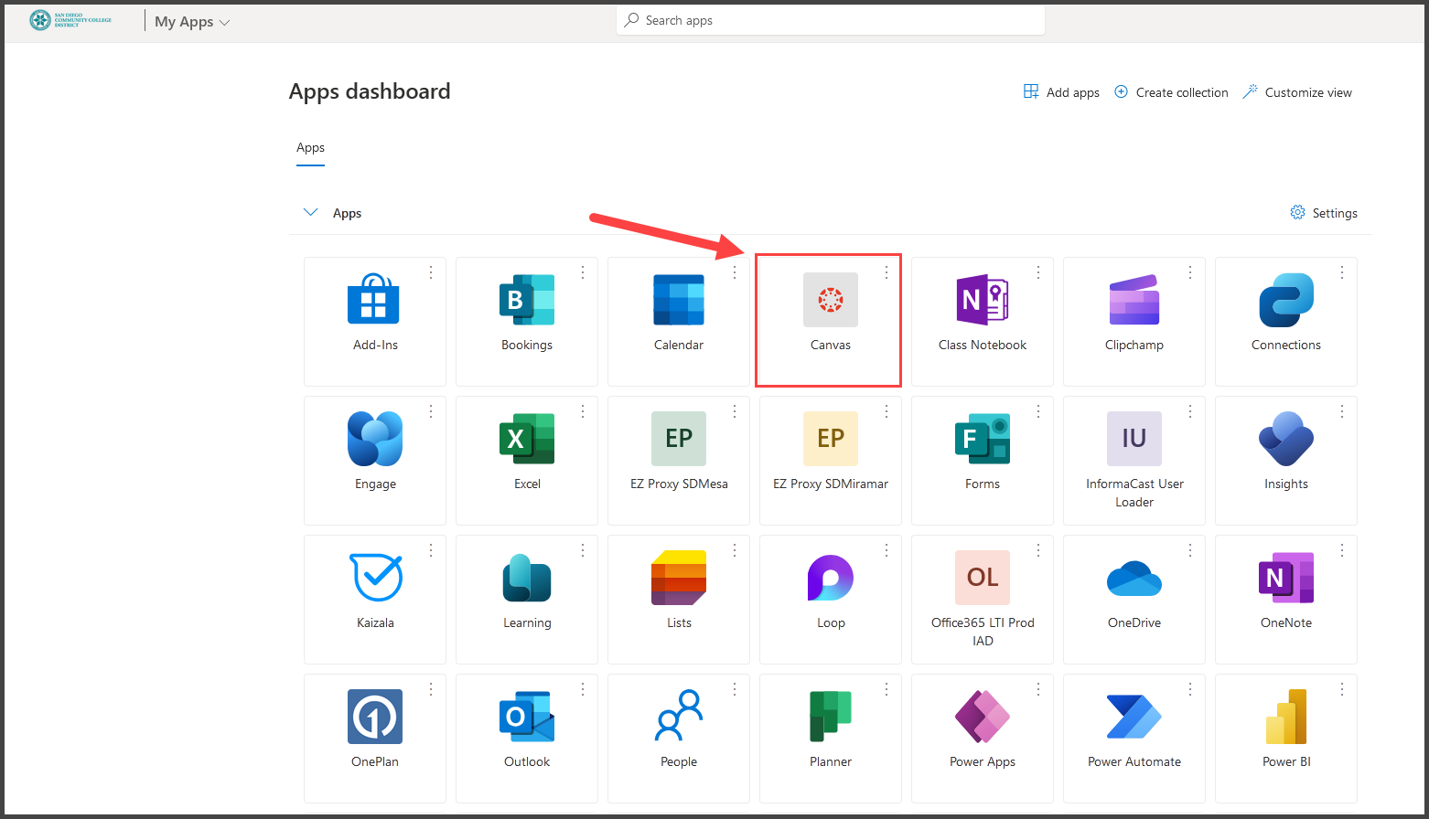 screenshot of the SDCCD myApps with Canvas portal highlighted.