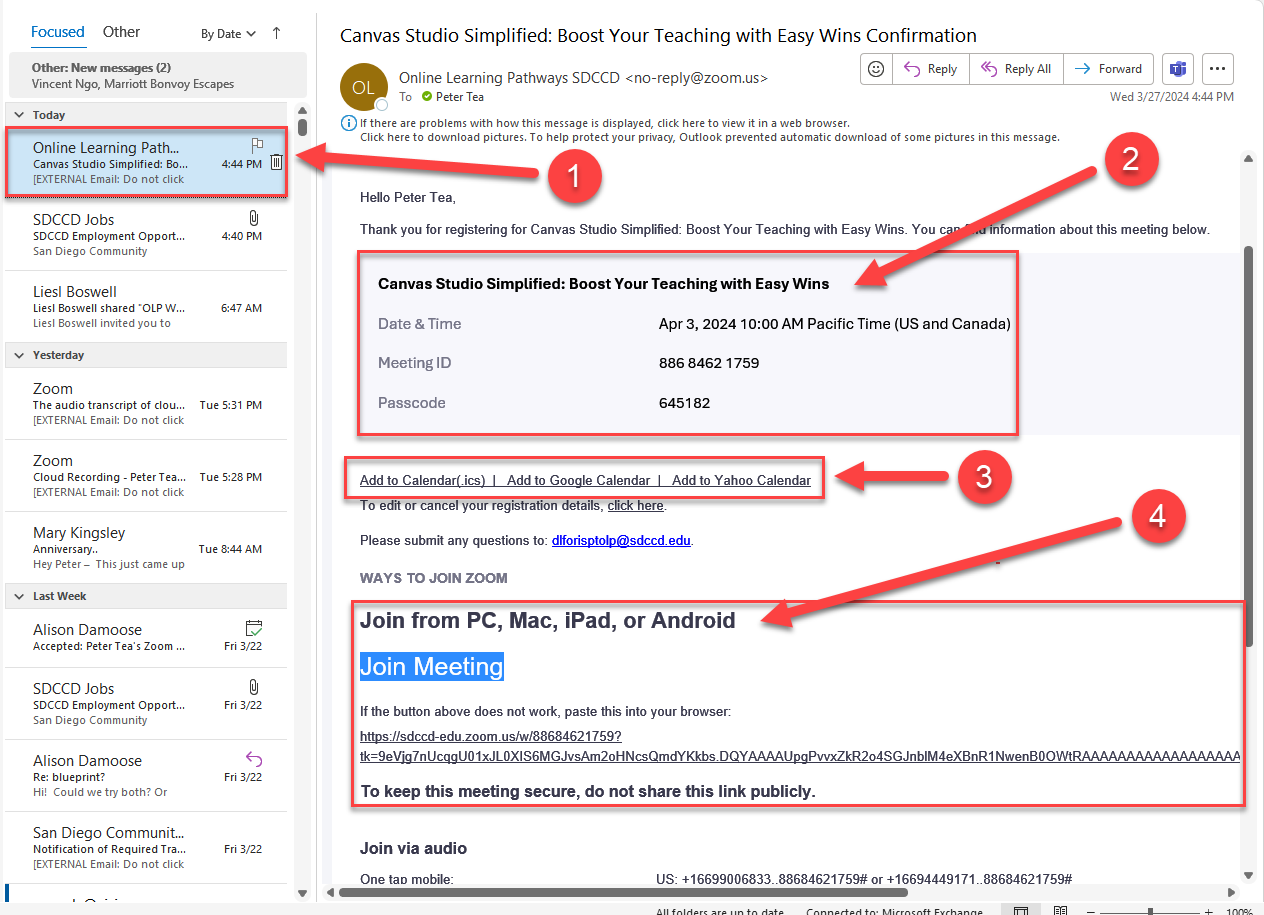 A screenshot of  the registration email with numbers pointing to each section.