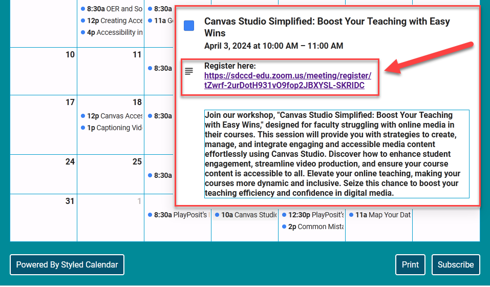 a screenshot of the workshop event information