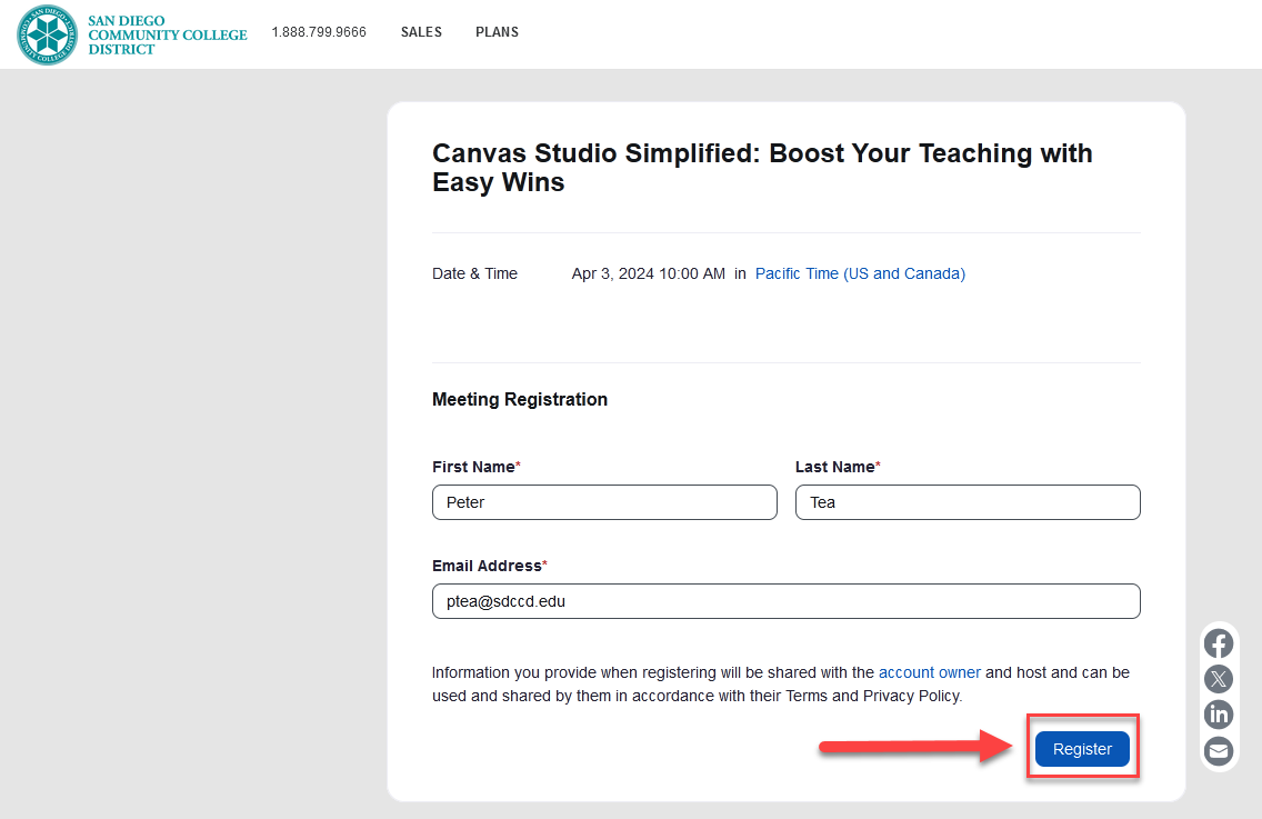 A screenshot of the workshop registration form with an arrow pointing to the register button.