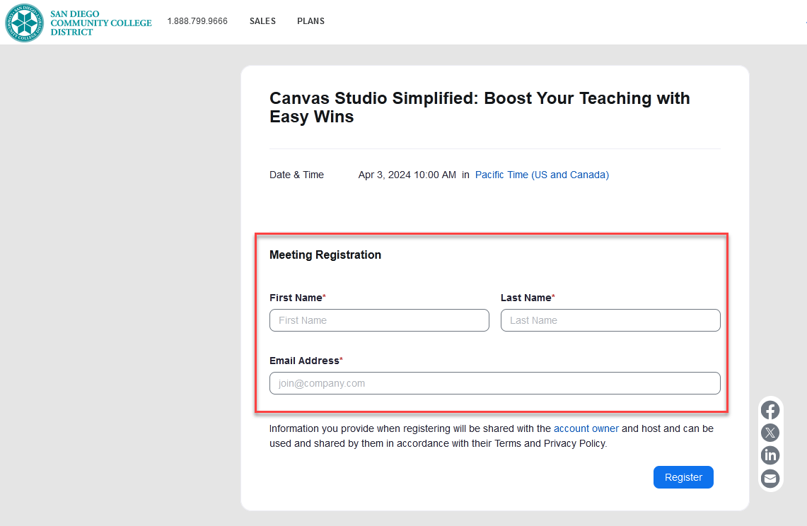 Screenshot of the workshop registration form.