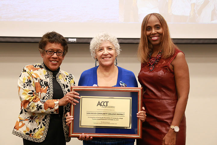 SDCCD Chancellor Constance M. Carroll and SDCCD Board President Maria Nieto Senour are recognized by ACCT Board Chair Robin M. Smith at an Oct. 13 dinner event at San Diego City College. The SDCCD is hosting the ACCT 2015 Leadership Congress Oct. 14-17.