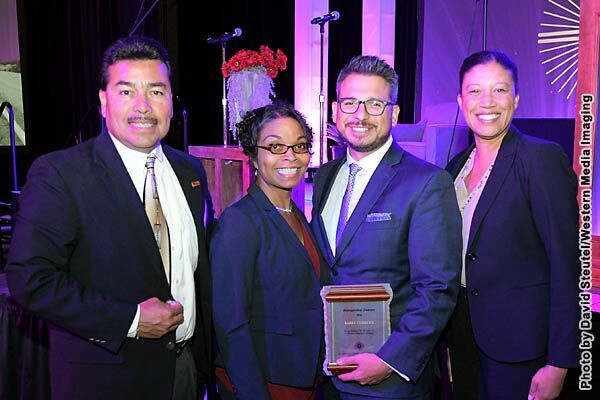 From left, Rafael Alvarez, MESA Program Director at San Diego City College; Toni Cordero; Barry Cordero, SDCC Alumnus and 2016 CCLC Distinguished Alumnus; Denise Whisenhunt, SDCC Interim President.