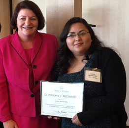 Assembly Speaker Emeritus Toni Atkins and City College student Laura Benavidez