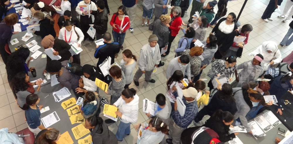 Students at information tables during the 2016 resource fair