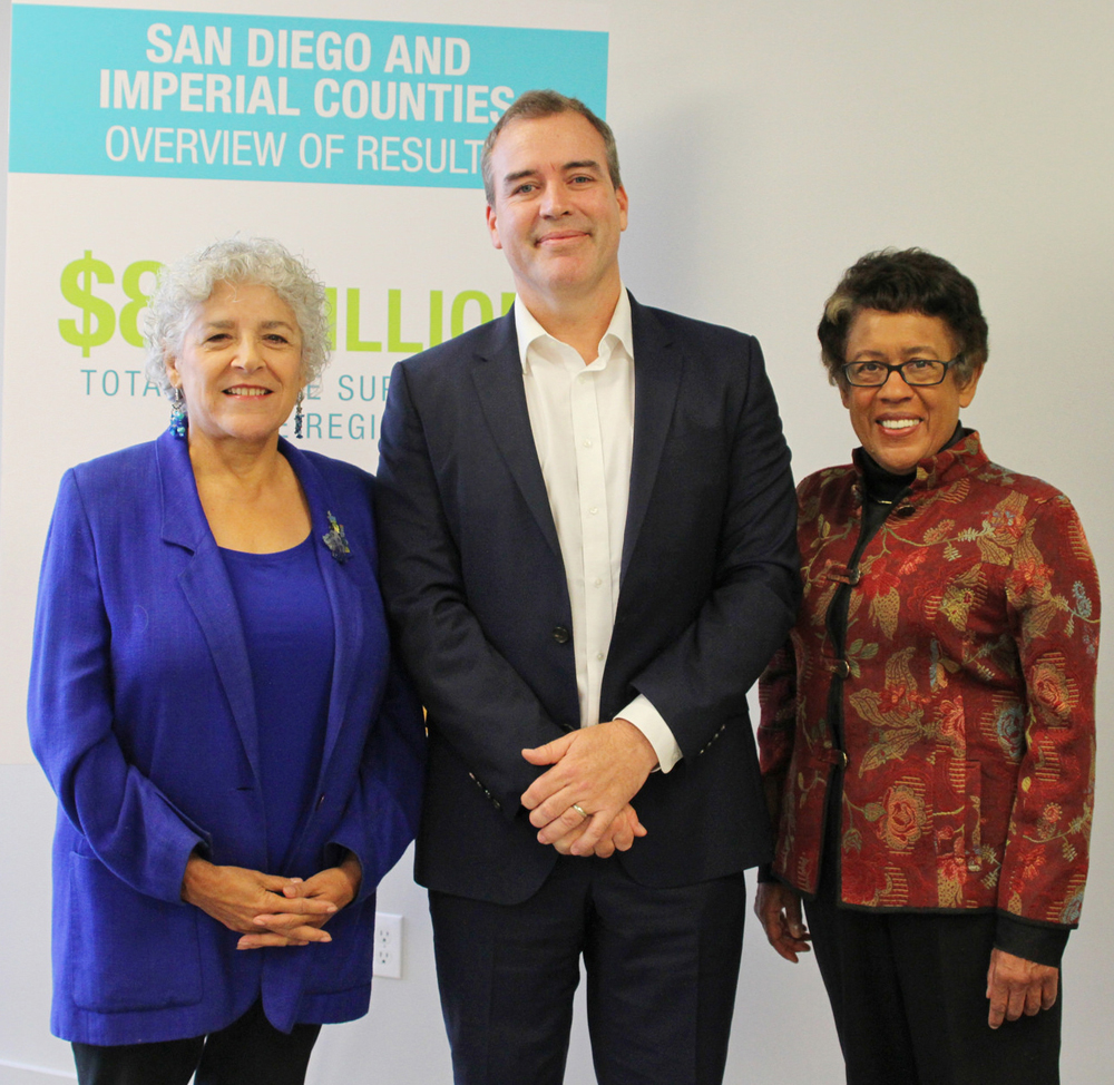 San Diego Community College District Board President Maria Nieto Senour, Mark Cafferty, president and CEO at the San Diego Regional Economic Development Corporation, and SDCCD Chancellor Constance M. Carroll 