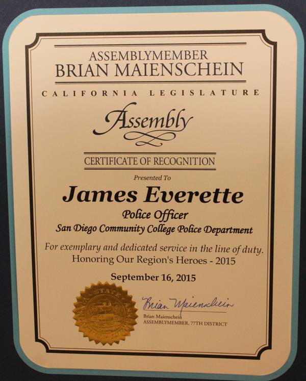 This is the award from the state assembly that was given to Officer James Everette 