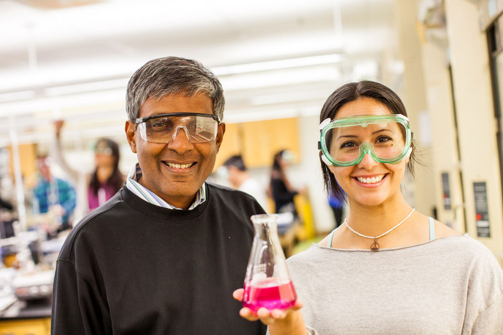 A Miramar College professor and student work in a lab in the campus' new science building.