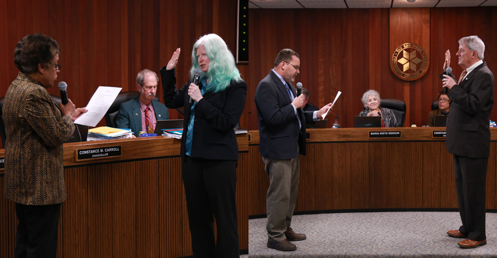 :  Bernie Rhinerson and Mary Graham are sworn in at tonight’s SDCCD Board of Trustees meeting at the District Office in Mission Valley.  