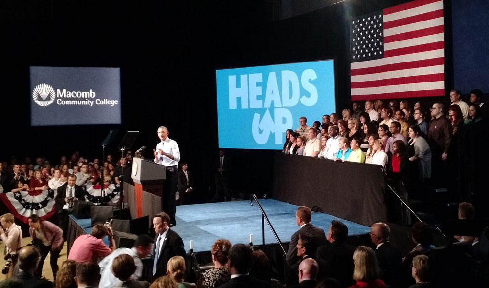 President Barack Obama speaks at Macomb Community College in Warren, Michigan, where he announced new steps to expand apprenticeships and a push to make community college free for responsible students.