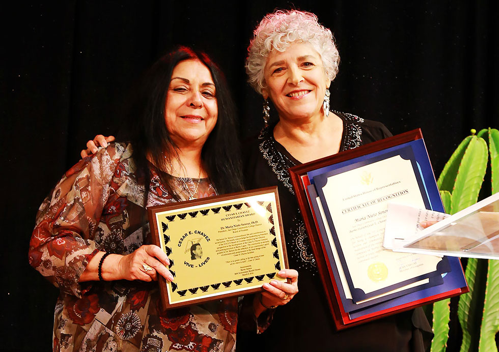 Barrio Station Founder and Executive Director Rachael Ortiz with SDCCD Board of Trustees President Maria Nieto Senour.