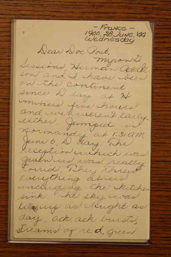 Paratrooper Tom Rice ('46) sent this letter dated June 28, 1944 describing the invasion of Normandy to Professor Lauren Post.