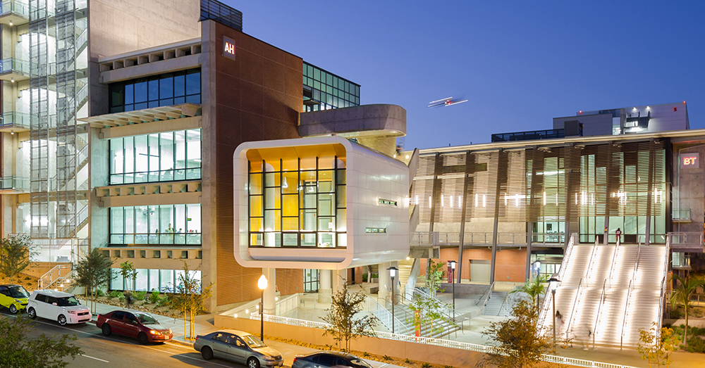 San Diego City College Arts & Humanities Building lit up at night