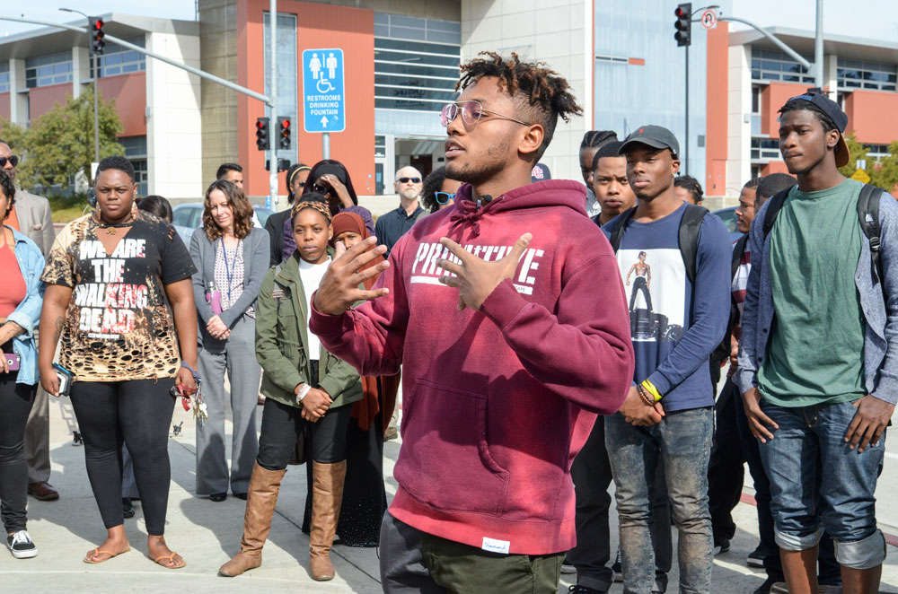 A student speaks at the Rosa Parks birthday celebration in 2017.