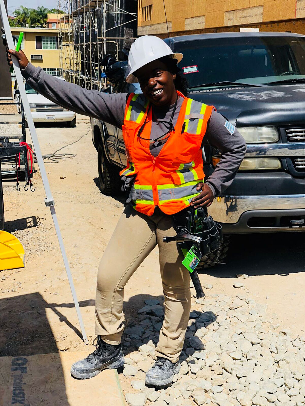 Rose Foster poses in her construction gear