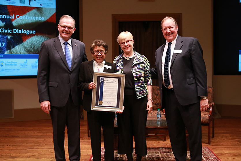 From last year's event: USD President James Harris; SDCCD Chancellor Constance M. Carroll; Dr. Carolyn J. Lukensmeyer, Executive Director of the National Institute for Civil Discourse; and Mesa College Professor Carl Luna