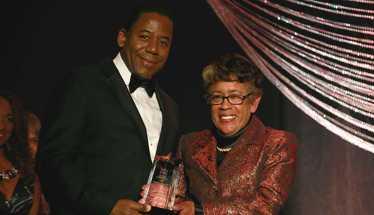 SDCCD Chancellor Constance M. Carroll accepts the Lifetime Leadership Award from J. Bruce Mayberry at the Central San Diego Black Chamber of Commerce’s ninth annual gala