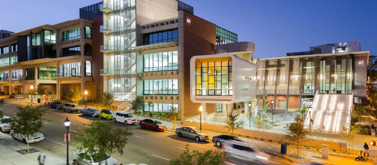 City College campus lit up at night