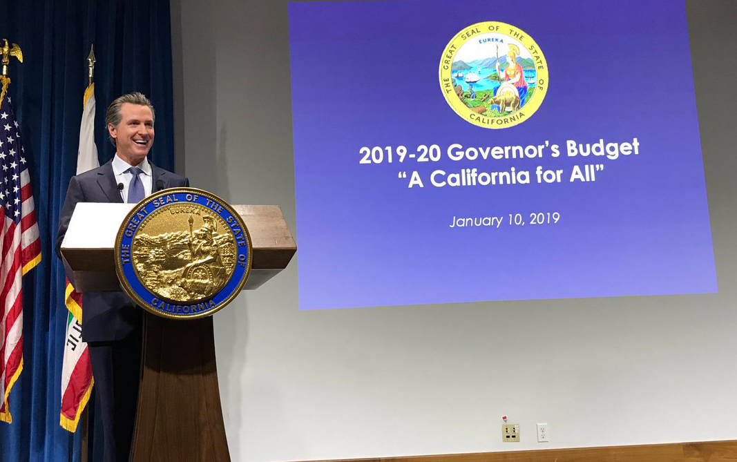 California Governor Gavin Newsom at the budget press conference