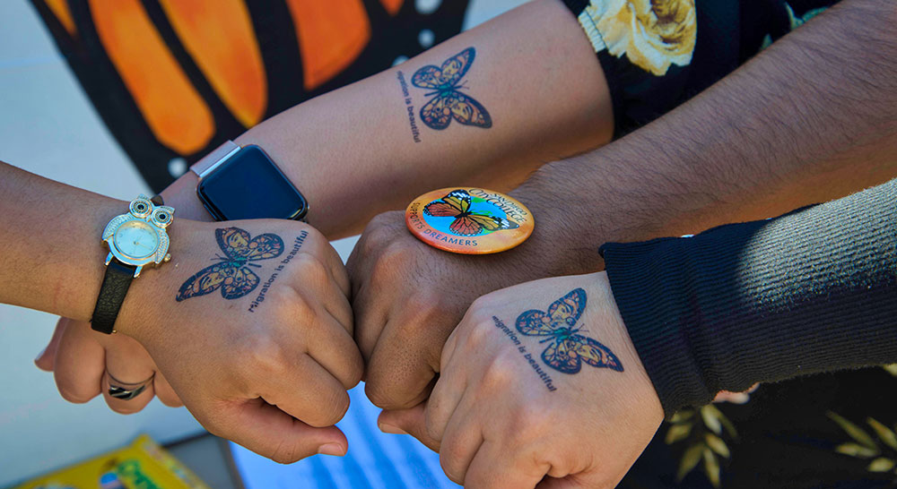 Students show butterfly tattoos on their hands. The monarch butterfly has become a symbol for dreamers