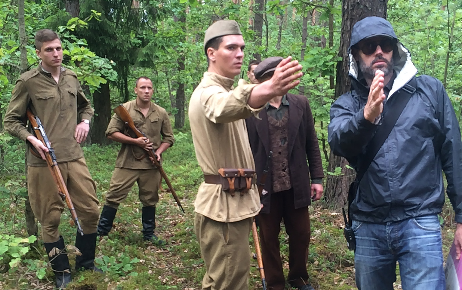 Cy Kuckenbaker, right, with actors on the set of Tiger Oak Echo.