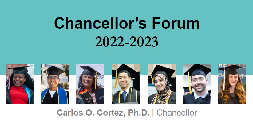 Teal background with images of students. Text reads Chancellor's Forum