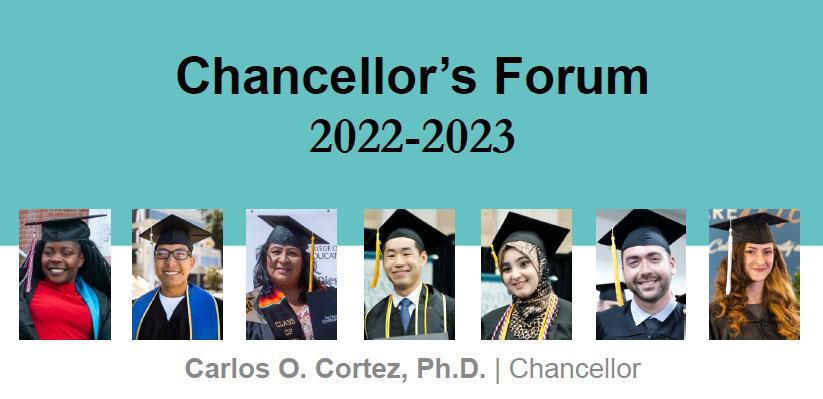 Teal background with images of students. Text reads Chancellor's Forum