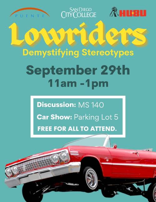 A teal poster with Lowriders written at the top, with a picture of a red lowrider car and the date and time of the event. 