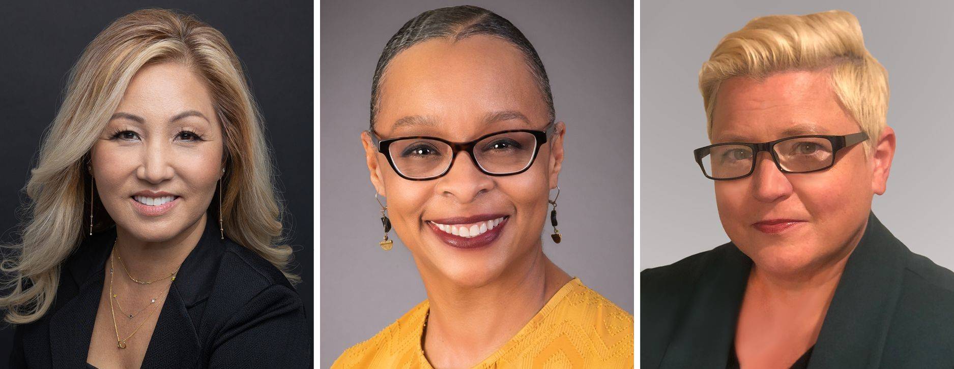 From left, Portrait photos of Dr. Jeannie Kim, Dr. Ashanti Hands, and Dr. Kristina Whalen