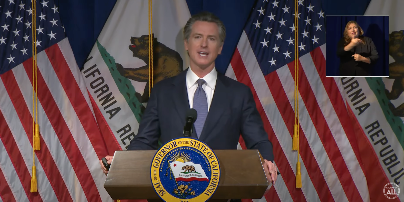 Governor Gavin Newsom at a podium delivering the budget proposal