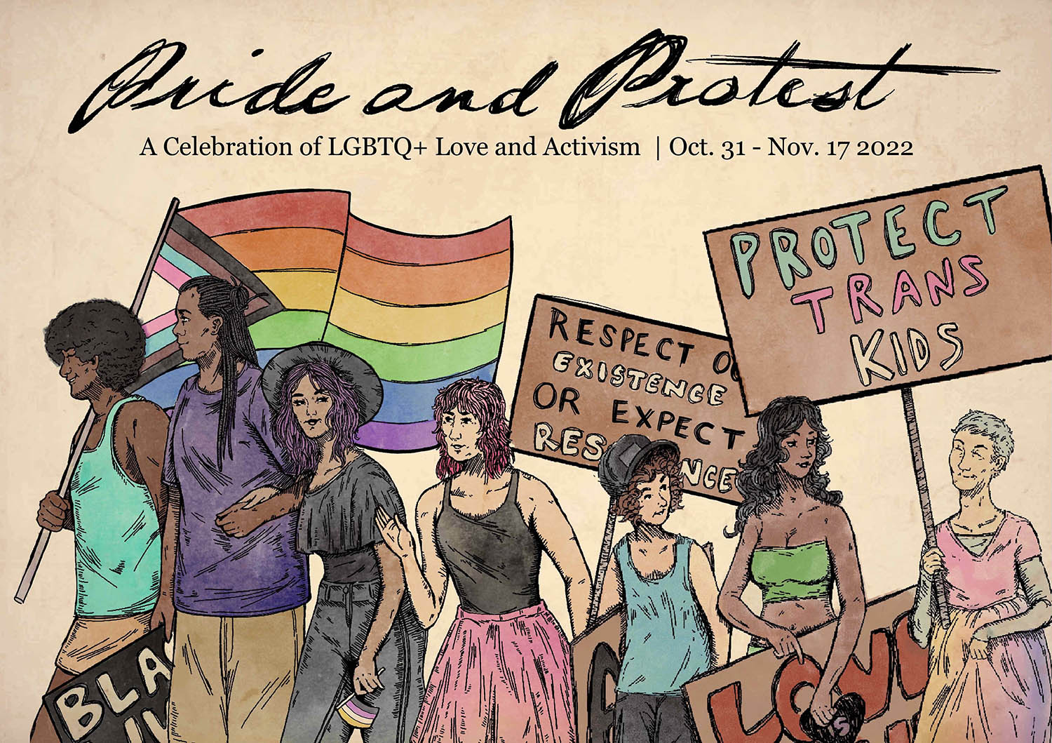 A drawing of activists holding signs supporting trans rights and the lgbtq community 