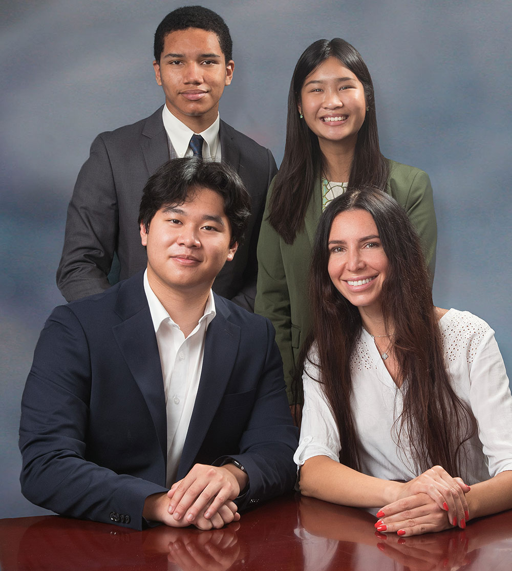 Student Trustees 2022-23 Portrait photo of student trustees from left, back row) Diego Bethea and Phoebe Truong; (from left, front row) Allen Kuo and Julia Kogan