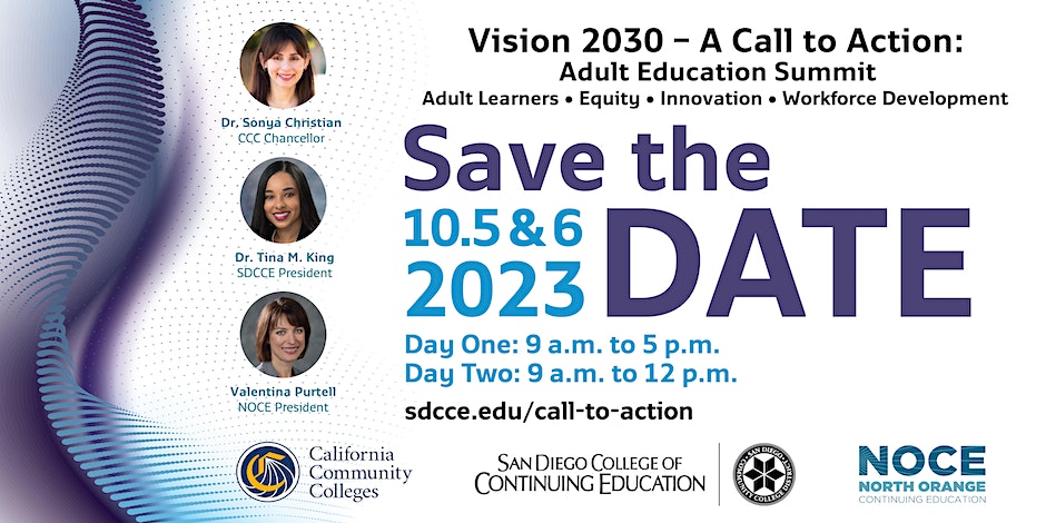 Save the date flyer shows photos of 3 speakers. Adult Education Summit October 5 and 6 at 9 am 