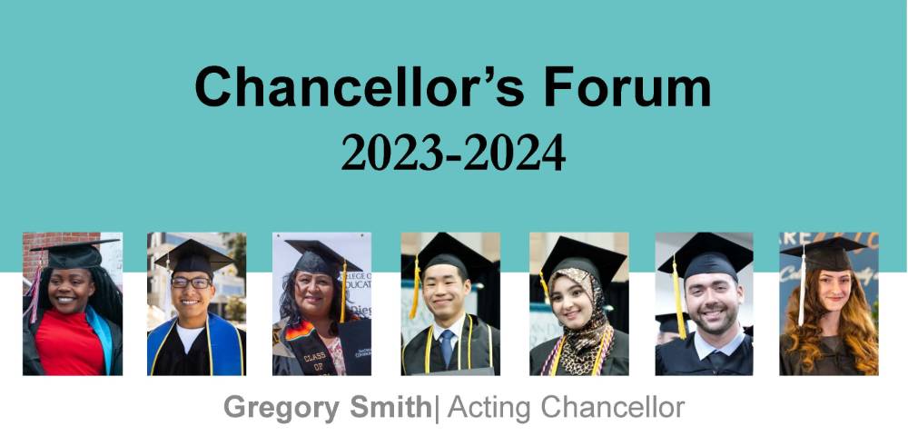 Teal background with images of students. Text reads Chancellor's Forum