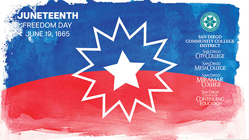 A red and blue background looks like watercolor paint with a star in the middle text reads Juneteenth freedom day June 19 1865 