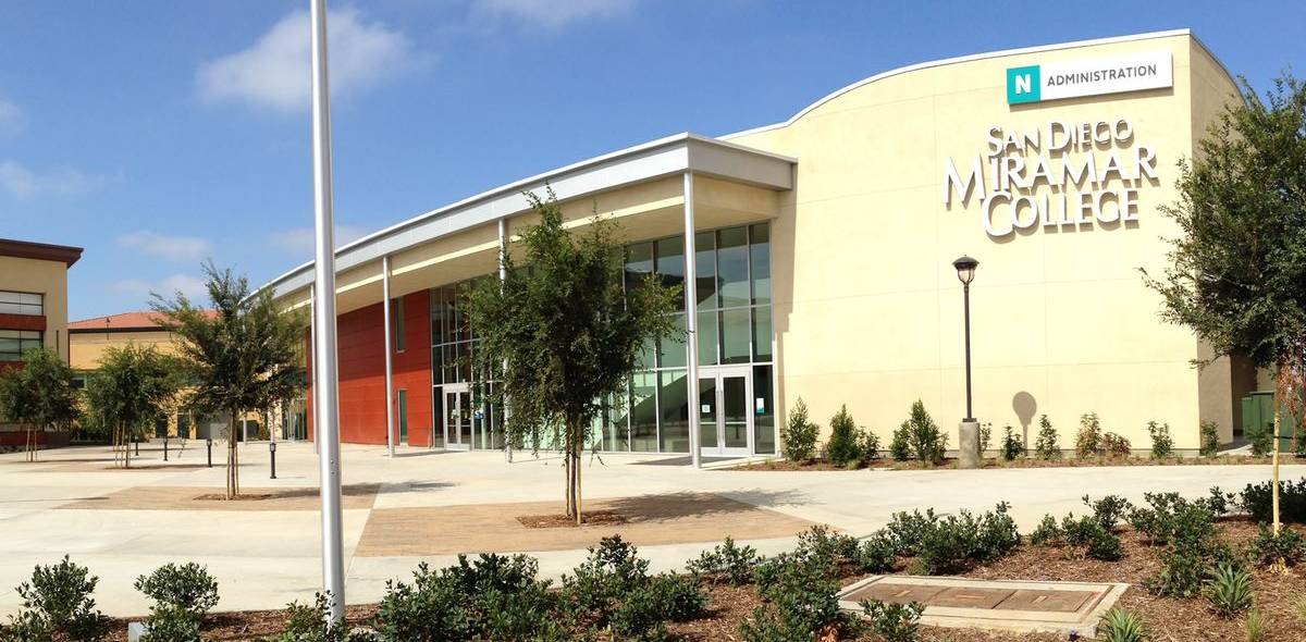 The front of the Miramar College administration building which features the college name on the front