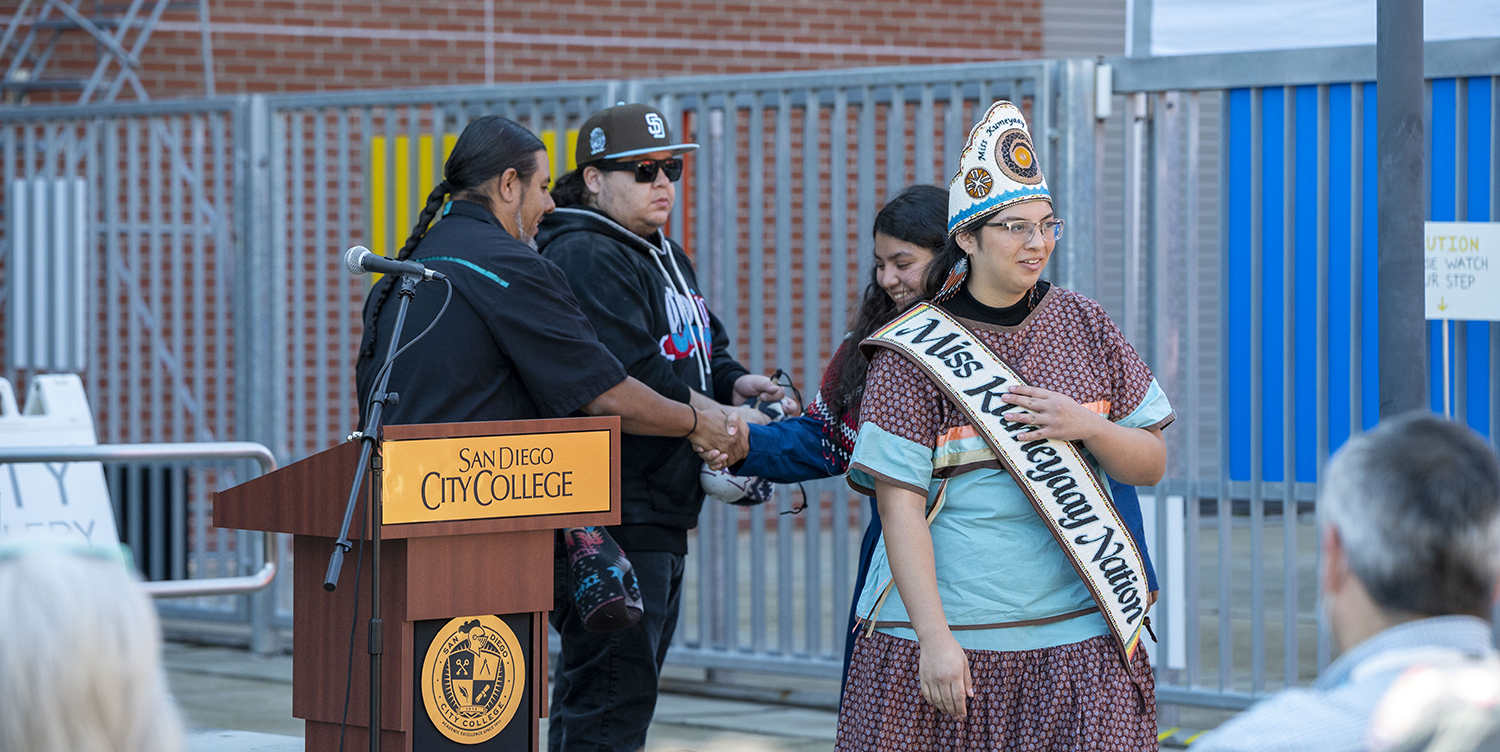 Kumeyaay Nation Bird Singers and Miss Kumeyaay take part in City College’s Land Celebration event at the start of 2023